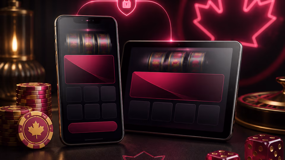 Mobile casino access artwork with phone and tablet screens in DelOro colours