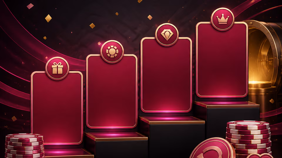 Welcome bonus artwork with stacked reward cards and casino chips in DelOro colours