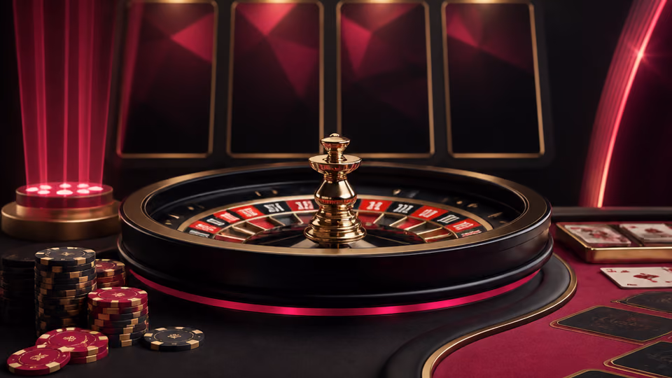Live casino studio artwork with roulette, cards and provider-style game tiles