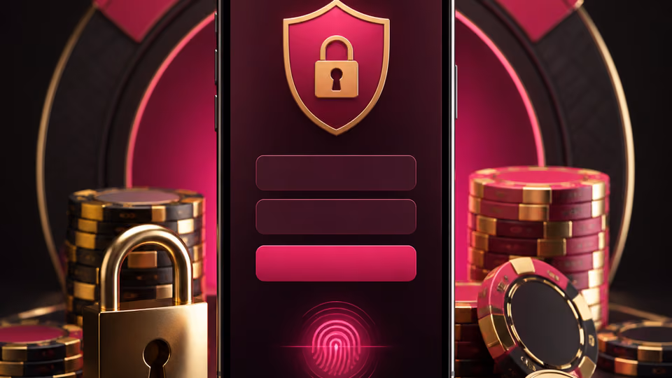 Secure casino login artwork with a device, shield icon and DelOro pink highlights