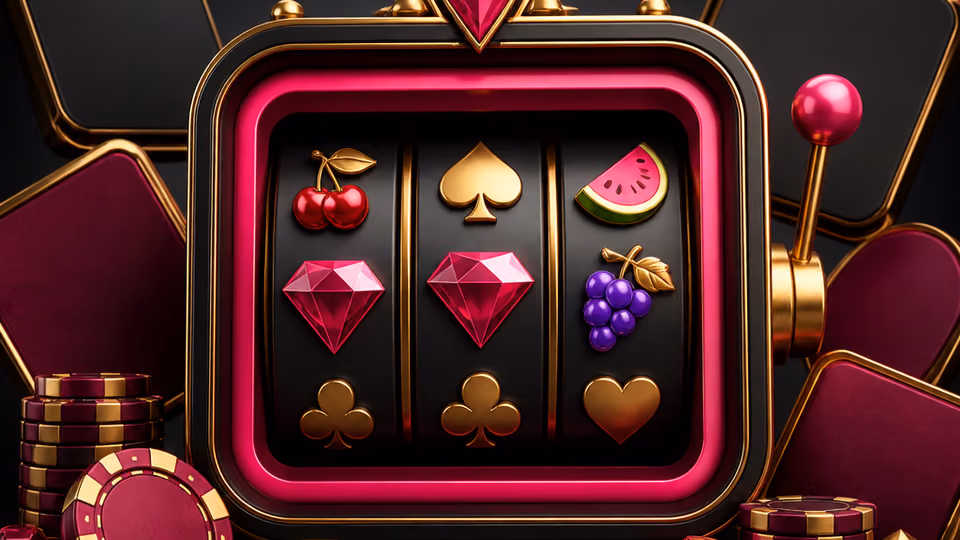 Slot game library artwork with reels, bonus symbols and DelOro pink lighting